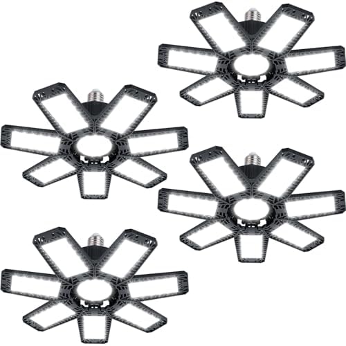 ISKYDRAW 200W LED Garage Light 4 Pack, Garage Lights Ceiling LED 20000LM 6500K with 71 Deformable Panels Screw in Lighting Fixture E26E27 for Workshop Attic Basement Bay Lighting