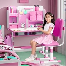 2024 Upgraded Kids Desk and Chair Set, Kids School Desk Children Desk and Chair Set with Magnetic Back Plate, Drawers Schoolbag Hooks & Book Stand, Pen Holders Pink
